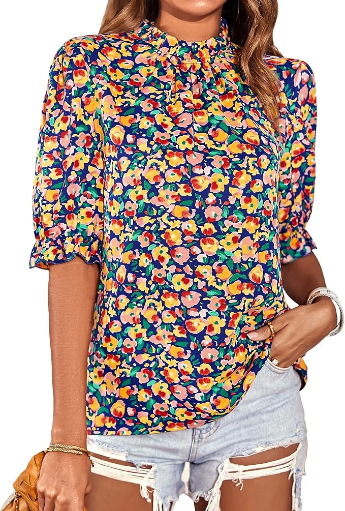 BTFBM Women's Summer Boho Shirt Top Ruffle Short Sleeve Frill Trim Mock Neck Floral Solid 2025 Ca... | Amazon (US)