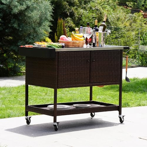 Grand patio Outdoor Wicker Bar Cart, Outdoor Bar Table with Stainless Steel Tabletop, Patio Kitchen Island Grill Cart with Storage Cabinet and 4 Hooks | Amazon (US)