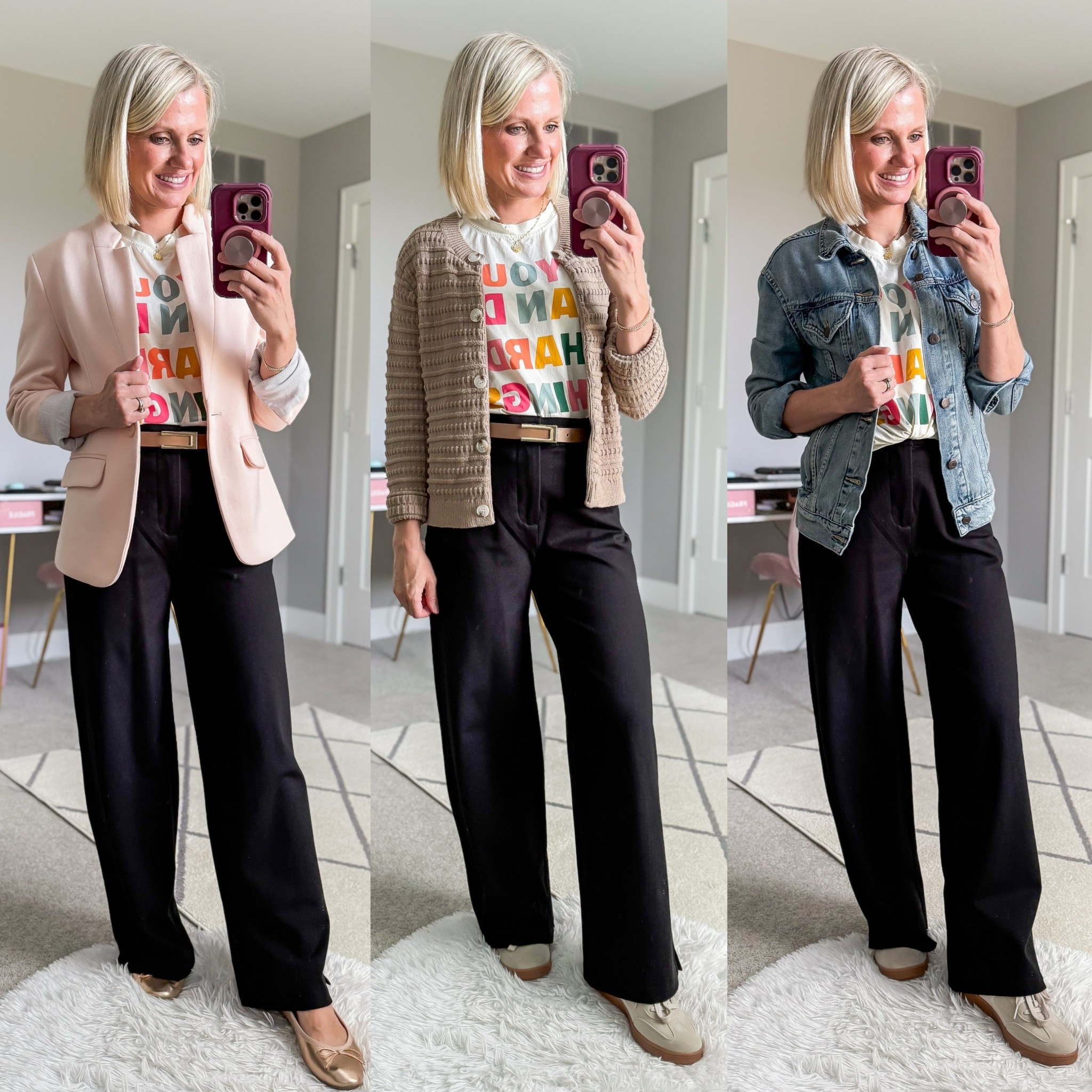 Teacher outfits with black trousers and a graphic tee! Pants- 0/petite || t-shirt- small || pink blazer- xsmall || cardigan- small || jean jacket-
XSMALL 

#LTKPetite #LTKWorkwear #LTKStyleTip