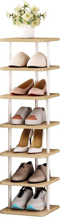 7 Tiers Vertical Shoe Rack Wooden Shoe Storage Organizer for Space Saving Narrow Shoe Shelf Stora... | Amazon (US)