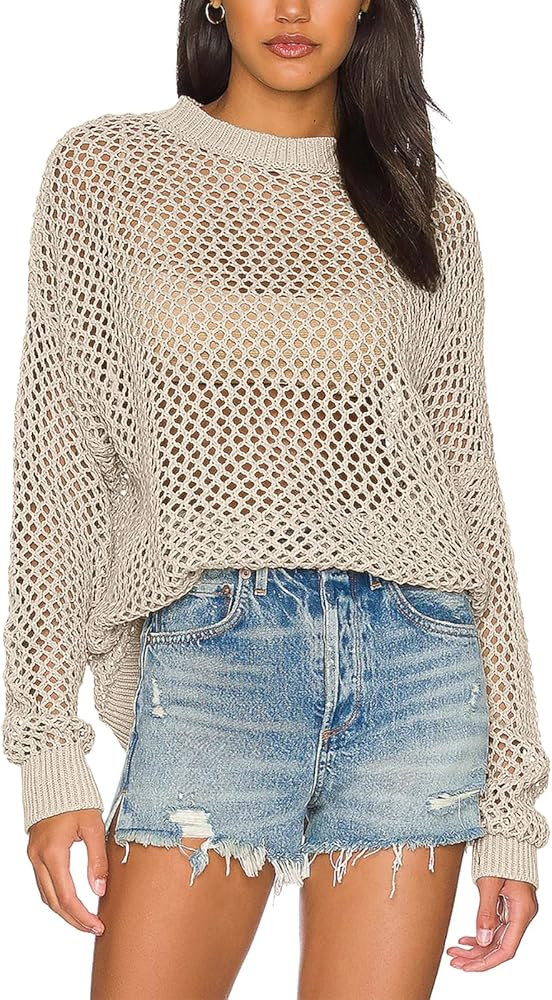 Ebifin Womens Crochet Tops Long Sleeve Beach Summer Sweater Crew Neck Mesh Cover Ups Bikini Swims... | Amazon (US)