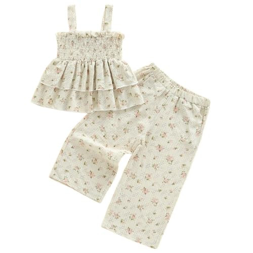 Hibabying Toddler Little Girl Clothes Sleeveless Smocked Tank Tops and Floral Long Pants Casual Spring Summer Outfits (Beige- Floral, 2-3T) | Amazon (US)