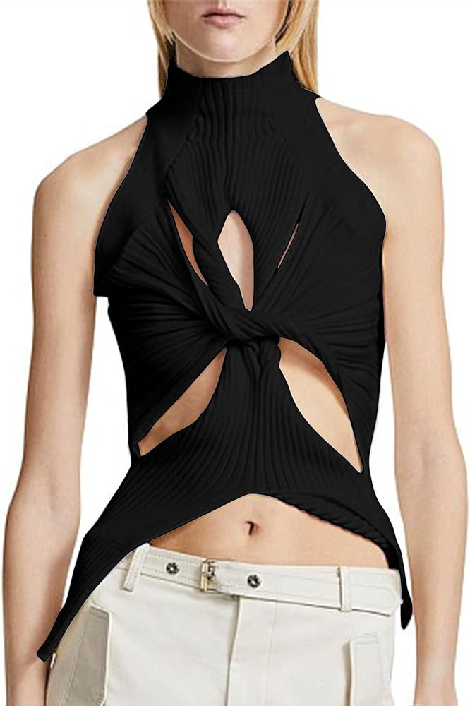 SAFRISIOR Women Sexy Hollow Out Twist Front Knitted Tank Tops Sleeveless High Neck Cut Out Sweate... | Amazon (US)