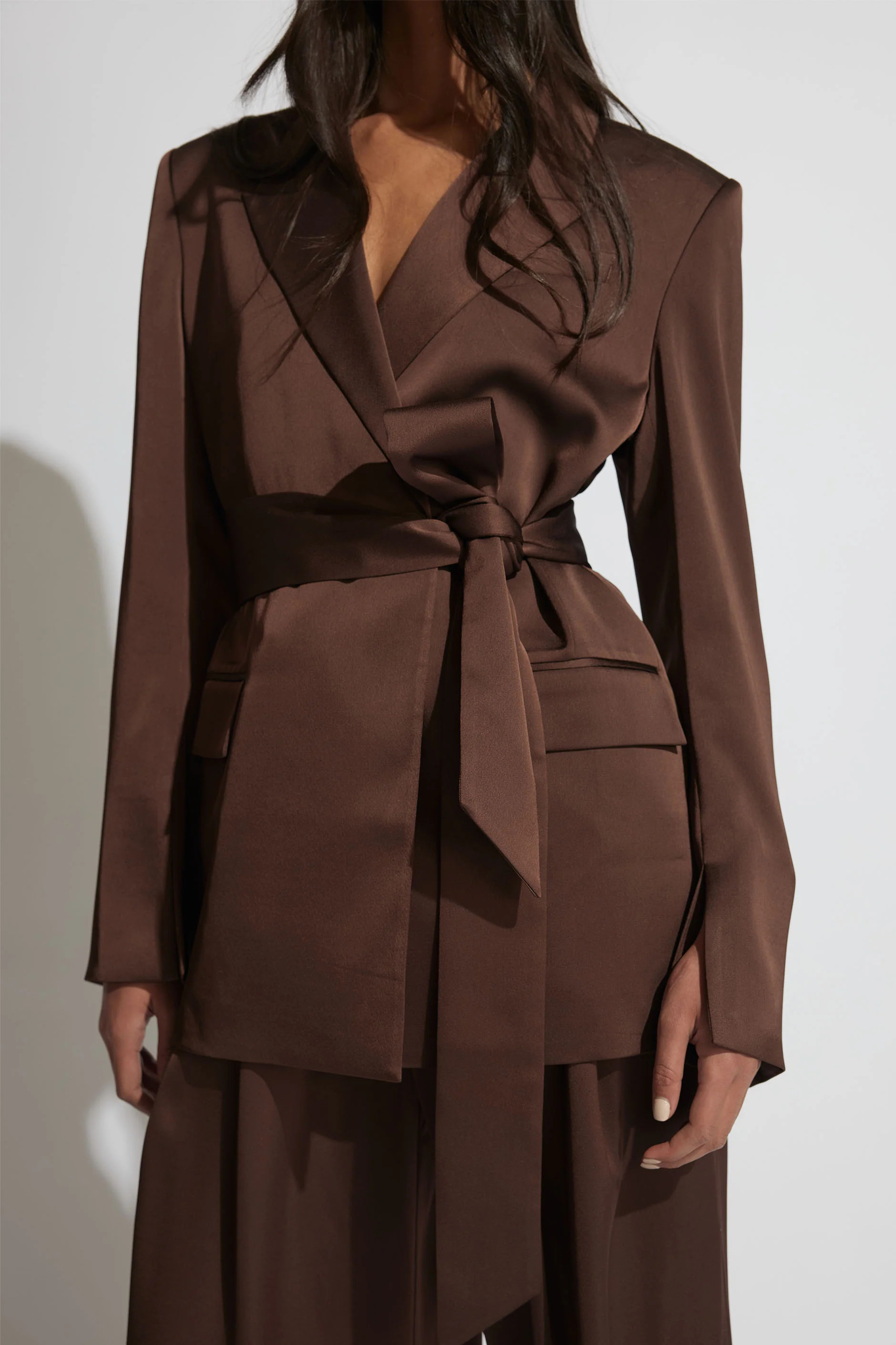 Sadie Satin Wrap Blazer - Espresso | DECJUBA