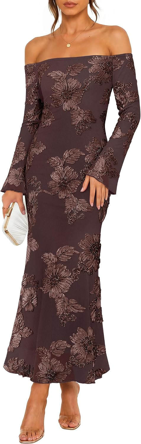 ZESICA Women's Long Sleeve Off Shoulder Floral Wedding Guest Maxi Dresses | Amazon (US)