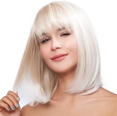 Rugelyss Creamy Champaign White Short Platinum Bob Wig with Bangs Ombre to Blonde Hair Synthetic Hea | Amazon (US)