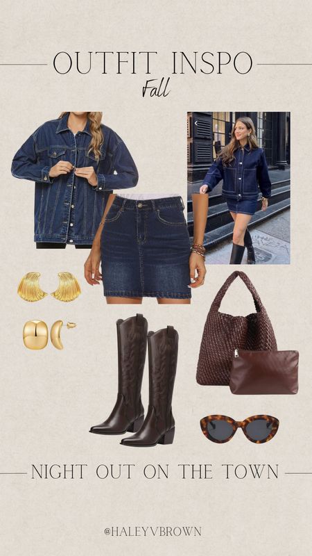 Fall Outfit, Denim Outfit, Brown Boots, Calf Boots, Brown Bag, Red Bag, Tortoise Sunglasses, Chunky Gold Earrings, Fall 2023 Outfit, Denim Jacket, Denim Top, Denim Mini Skirt, Pinterest Outfit, Pinterest Fall Outfit