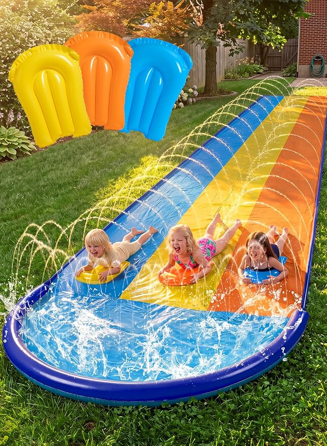 Sloosh Triple Water Slide with 3 BodyBoards, 22.5FT Lawn Water Slip Splash Pad Slide Summer Toy w... | Amazon (US)