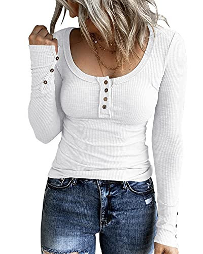 KINLONSAIR Women’s Long Sleeve Henley T Shirts Button Down Slim Fit Tops Scoop Neck Ribbed Knit Shirts White | Amazon (US)