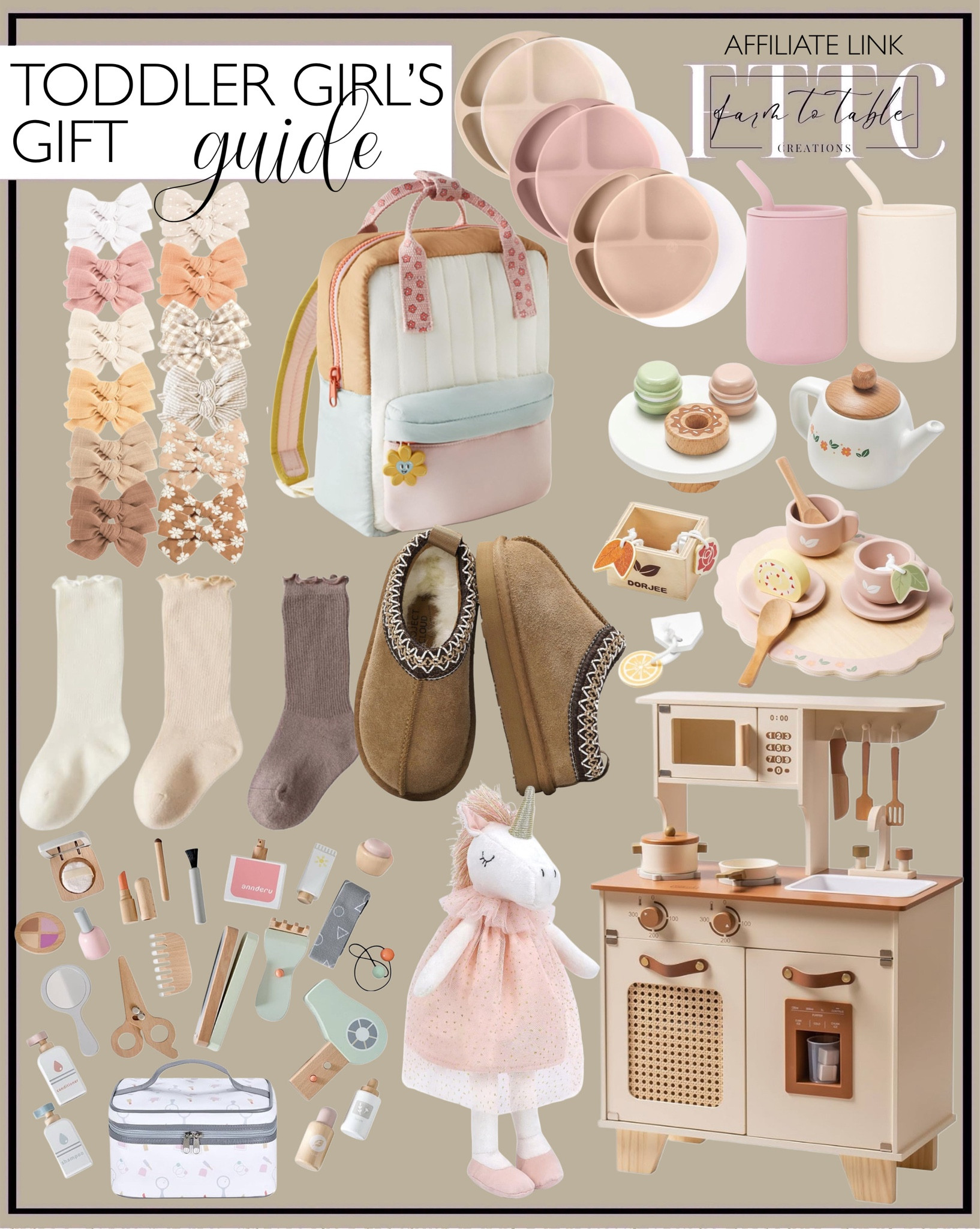 Toddler Girl’s Gift Guide. Follow @farmtotablecreations on Instagram for more inspiration.

Wooden Tea Set. Wooden Make Up Toy Set. Play Kitchen. Slippers for kids. Ruffle socks. Hair Bows. Toddler Backpack. Unicorn stuffed doll. Hair clips. Hair wax. Hair tie cutter tool. Suction plates with lids. Silicone cups with straws and lids. 

Gifts for toddler girls. Christmas gifts for kids. Holiday gifts. Stocking Stuffers. Gift Guide for toddler. Kids toys. Toddler Girl Toys. Toddler Christmas gifts. 

#LTKKids #LTKGiftGuide #LTKHoliday