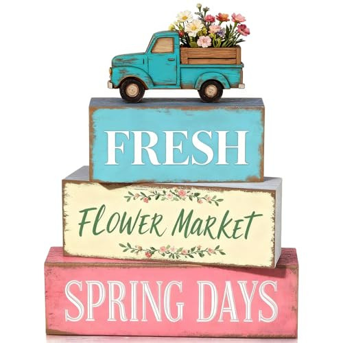 Spring Decoration Wooden Tiered Tray Decor Set – Farmhouse Spring Block Sign with Vintage Flower Truck, Fresh Flower Market Text – Rustic Tabletop Centerpiece for Living Room, Kitchen, Entryway, Shelf Display, Spring Home Decor | Amazon (US)