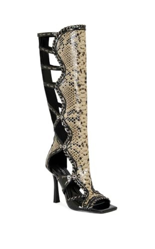 AZALEA WANG Indranihigh Gladiator Heels for Women – Knee High Snakeskin Print Cage Sandals, Open Square Toe Stiletto Heel Boots with Cutout Straps & Back Zipper | Amazon (US)