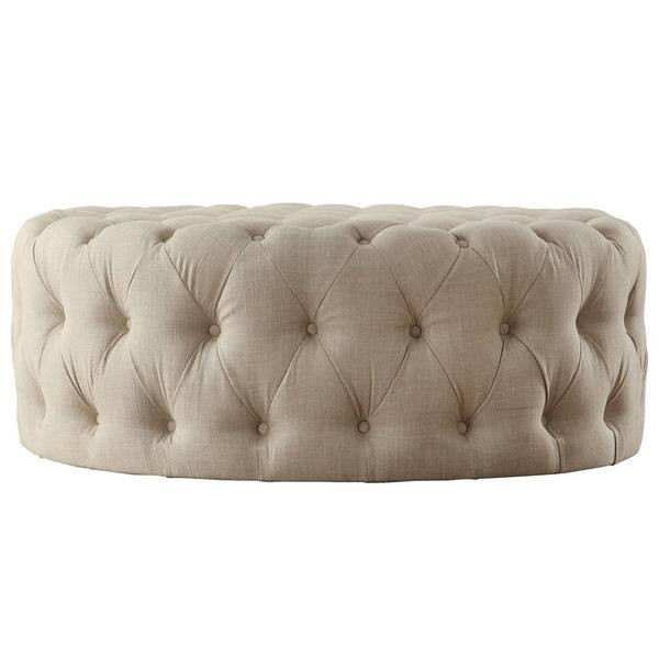 Knightsbridge Round Tufted Cocktail Ottoman with Casters by iNSPIRE Q Artisan - Beige Linen | Bed Bath & Beyond