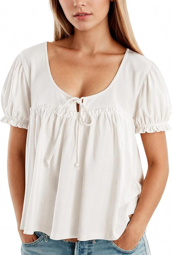 Womens Peplum Babydoll Tops Short Sleeve Pleated Flowy Shirts Loose Fit Summer Boho Crewneck Cute... | Amazon (US)