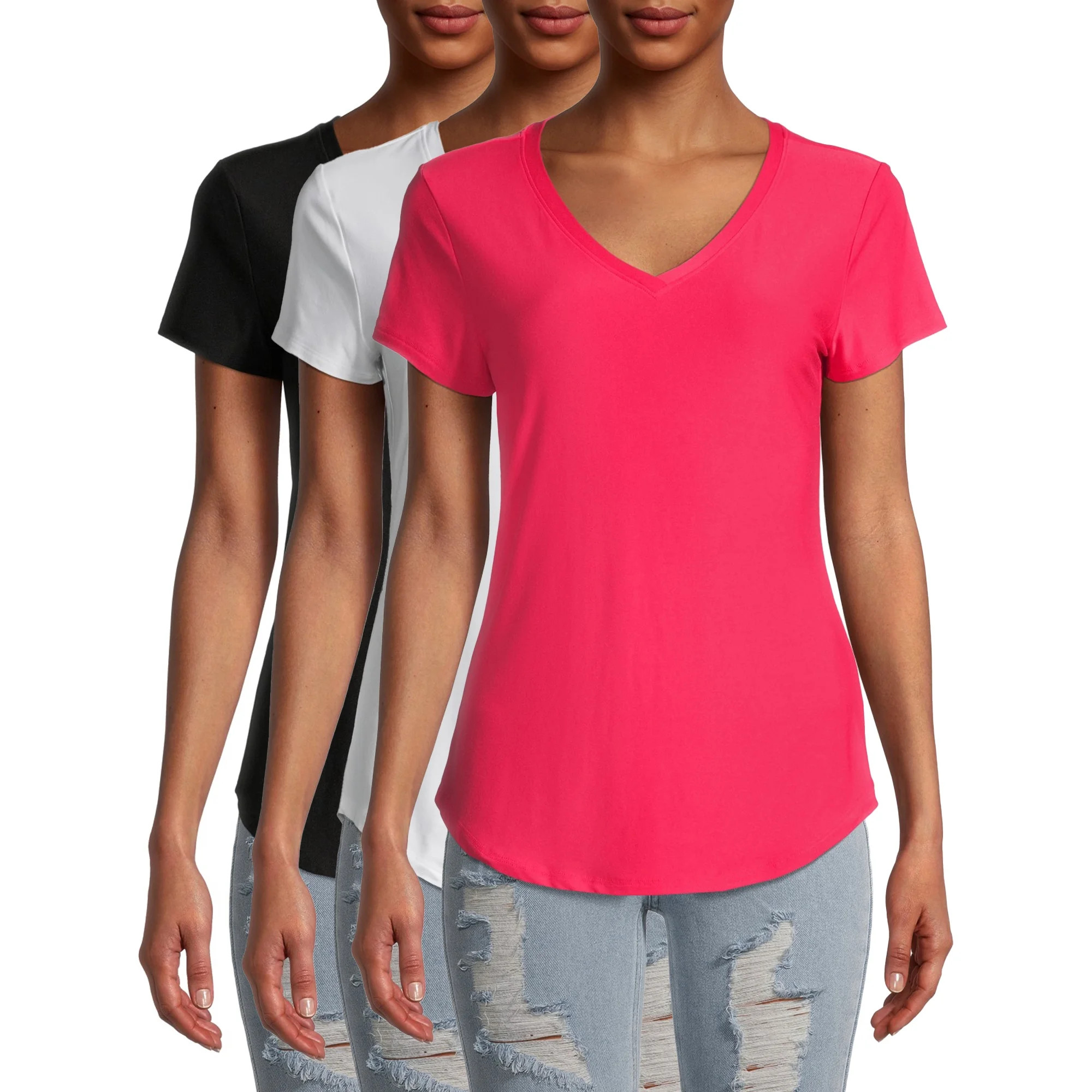 No Boundaries Juniors Short Sleeve Brushed V-Neck T-Shirt, 3-Pack | Walmart (US)