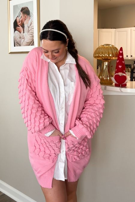 Valentine’s Day Outfit Inspo 💌 this cardigan is so fun and easy to throw on every anything - perfect bubble gum pink! I’m wearing my true size large and it’s oversized

#LTKmidsize #LTKSeasonal