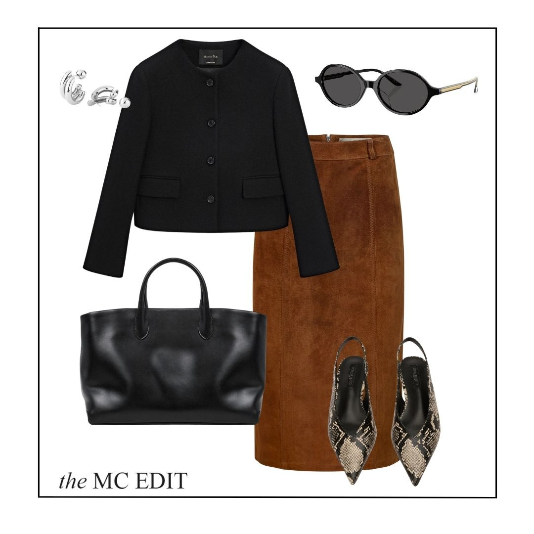 Fall work outfit. Brown Suede skirt. Khaite. Silver Jewelry. Black jacket. Work bag.  

 #LTKHoliday #LTKSeasonal #LTKWorkwear