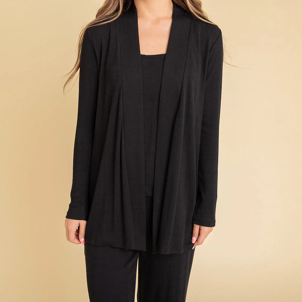 Solid Long Sleeve Women's Black Pointelle Fly Away Cardigan | Posh Peanut\u00ae | Posh Peanut