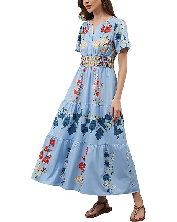 Women's Summer Boho Maxi Dresses Floral V Neck Tiered Short Sleeve Long Dress Flowy Beach Vacatio... | Amazon (US)