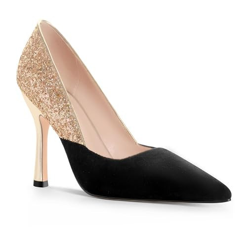 ANN CREEK Women's Pumps Sparkly High Heels Stiletto Classic Pointed Toe Patchwork Shoes for Wedding, Party, Dress Black Gold Size 8.5 | Amazon (US)