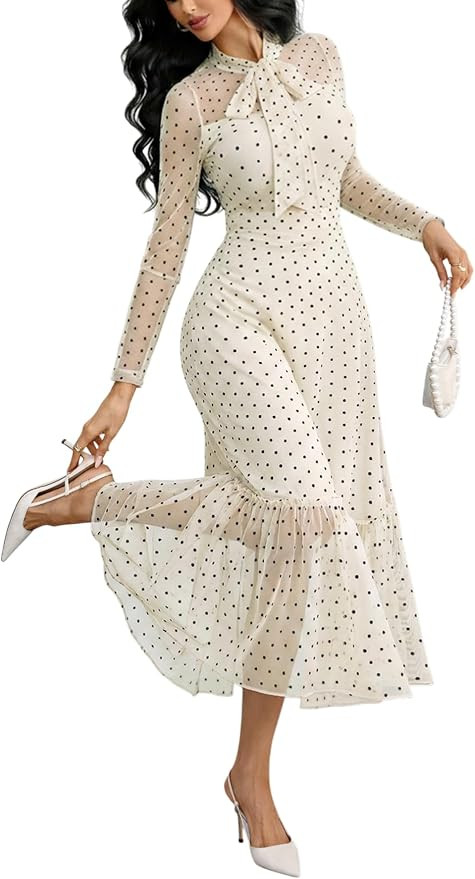 GothDark Polka dot Dress for Women Tie Neck Bow Ruffle Fall Vintage Dress | Stretch Mesh Fabric, ... | Amazon (US)