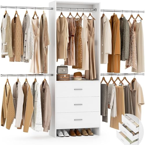 Aheaplus Closet System, Closet Organizer with 3 Wooden Drawers, Closet Organizer System, Walk-in Closet Wardrobe Clothes Rack with 4 Hanging Rods, Garment Rack, -4R, White | Amazon (US)