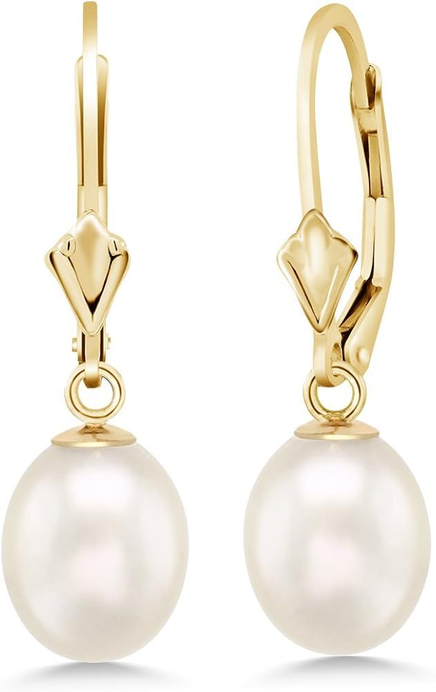 Gem Stone King 14K Yellow Gold 9MM Cultured Freshwater Pearl Dangle Earrings For Women | Amazon (US)