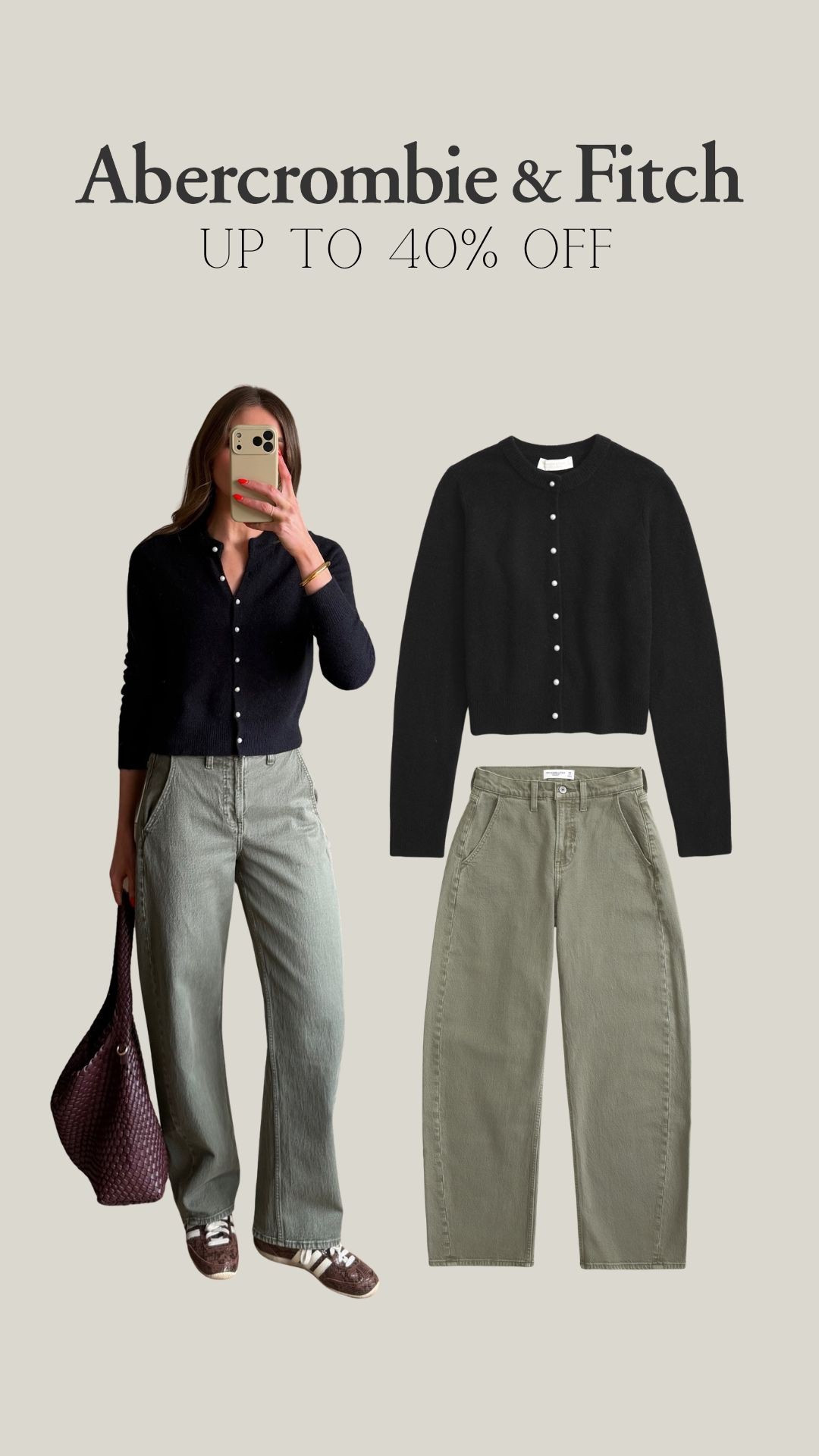 Abercrombie promo weekend up to 40% off and use: AFEMILY for an extra 15% off
Small in the cardigan 
25 long in the barrel legs
I’m 5ft 6 