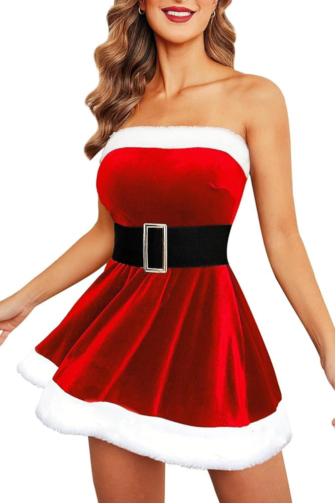 Avidlove Christmas Dress Santa Clause Outfit Mini Dress Casual Swing Dress with Santa Belt | Amazon (US)