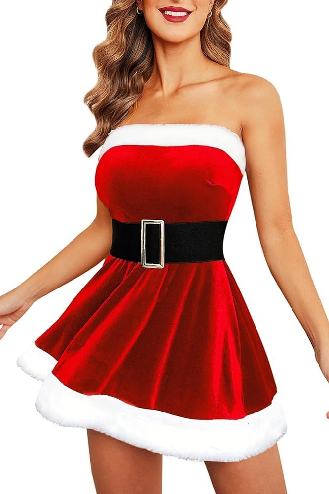 Avidlove Christmas Dress Santa Clause Outfit Mini Dress Casual Swing Dress with Santa Belt       ... | Amazon (US)