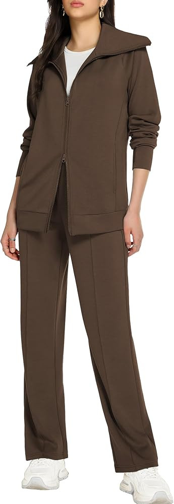 Women's 2 Piece Sweatsuit Sets Lounge Outfits Long Sleeve Double Zipper Sweatshirt Track Pants Ca... | Amazon (US)