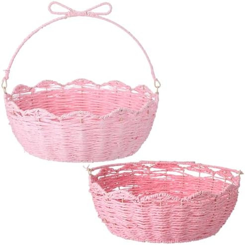 2 Pcs Pink Bow Wicker Easter Basket with Folding Handles Scalloped Pink Baskets for Gifts Cute Pi... | Amazon (US)