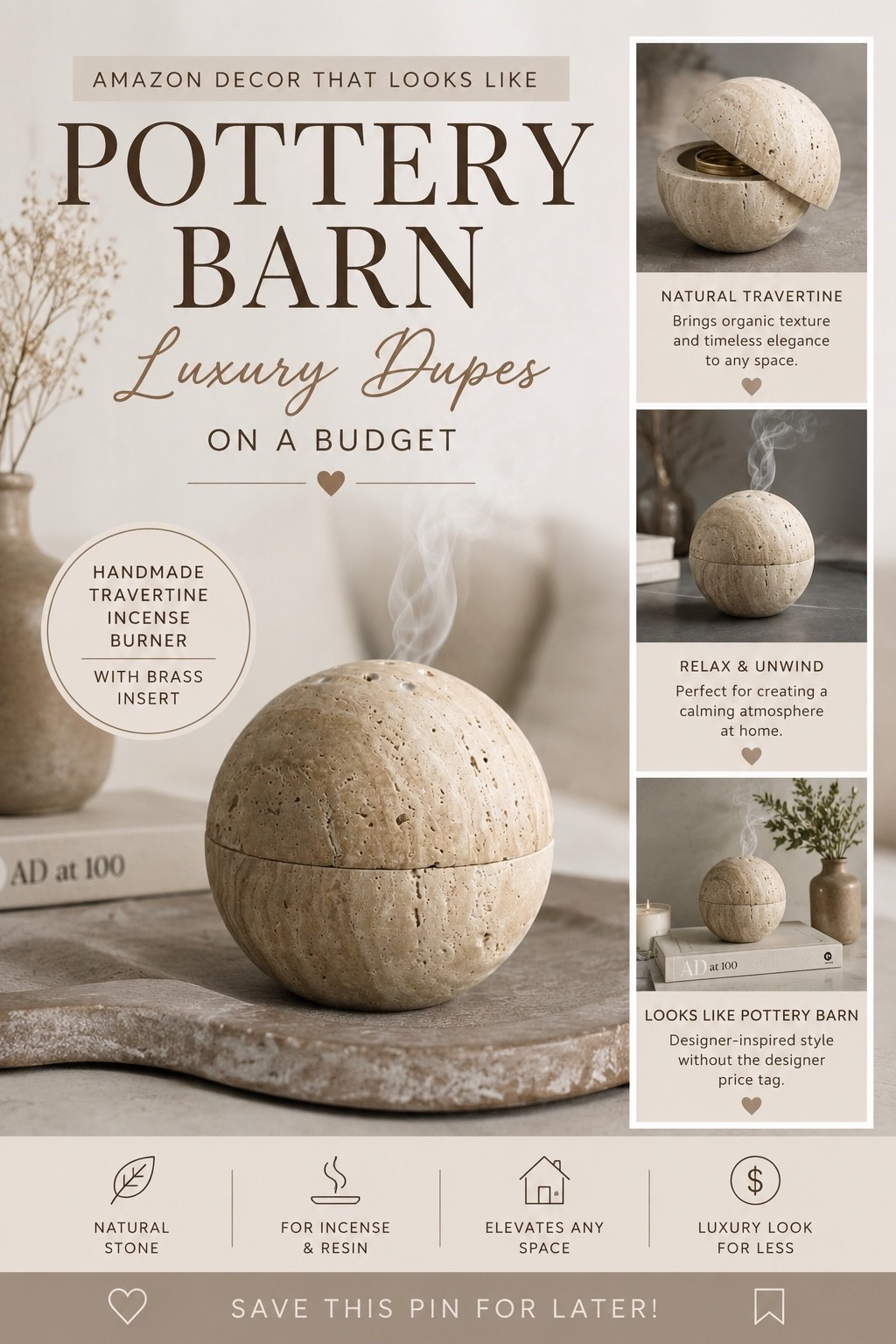 Title:
Amazon Decor That Looks Like Pottery Barn ✨

Caption:
If you love the warm, organic look of Pottery Barn but not always the price tag, this Amazon find is for you. 🤍

This travertine-inspired incense holder brings that elevated, designer look to any space with its natural stone texture, neutral tones, and sculptural shape. Perfect for styling coffee tables, bookshelves, nightstands, or creating a cozy spa-like vibe at home.

Luxury-inspired decor on a budget is always a win. Save this pin for your next home refresh and follow for more Amazon home decor finds that look high-end without the high-end price tag.

#AmazonHomeFinds #PotteryBarnDupe #LuxuryDupes #HomeDecorFinds #NeutralHomeDecor #AmazonDecor #HomeStyling #ModernOrganic #TravertineDecor #MinimalistHome #CozyHomeDecor #InteriorInspo #BudgetFriendlyDecor #AmazonFavorites #PinterestHomeDecor

#LTKHome