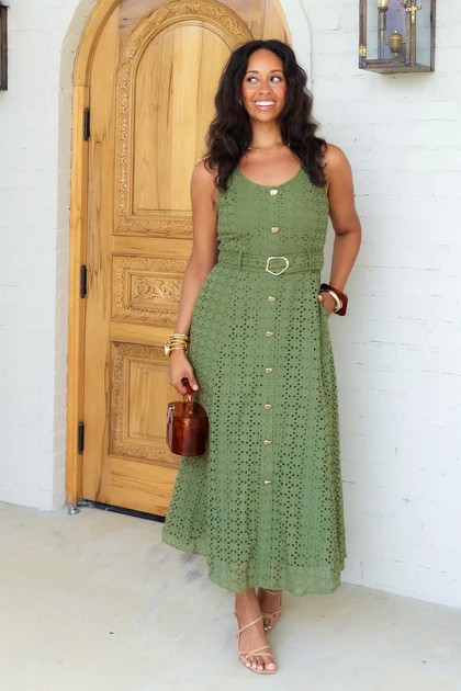 Something About You Olive Eyelet Sleeveless Midi Dress | The Willow Tree