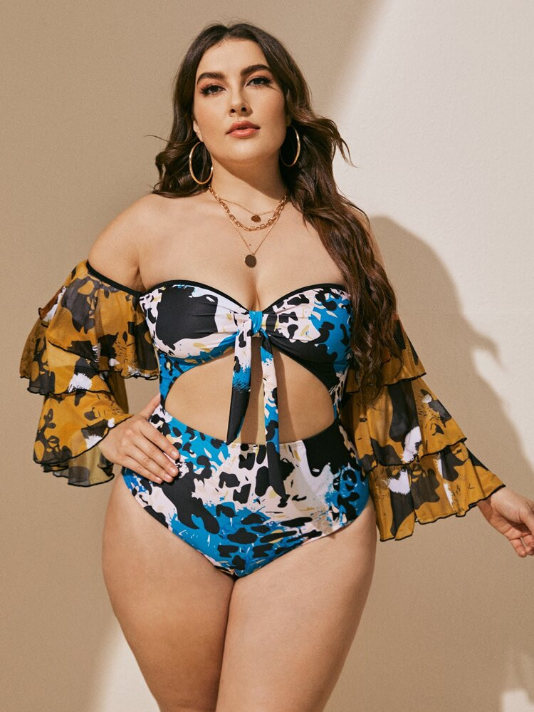 Plus Allover Graphic Bardot One Piece Swimsuit | SHEIN