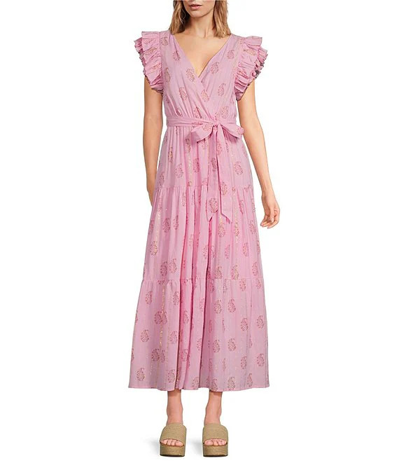A Loves A Floral Metallic Striped Print Surplice V-Neck Short Ruffled Sleeve Tiered Maxi Dress | ... | Dillard's