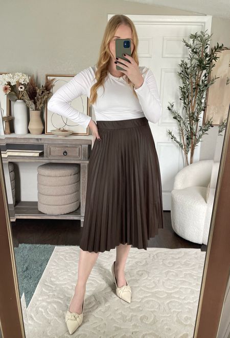 Instagram reel, Walmart new arrivals, Walmart outfit, Walmart fashion, time and tru, fall style, fall fashion, teacher outfit, work outfit Medium in top and faux leather midi skirt ✨ 

#LTKfindsunder50 #LTKmidsize #LTKSeasonal