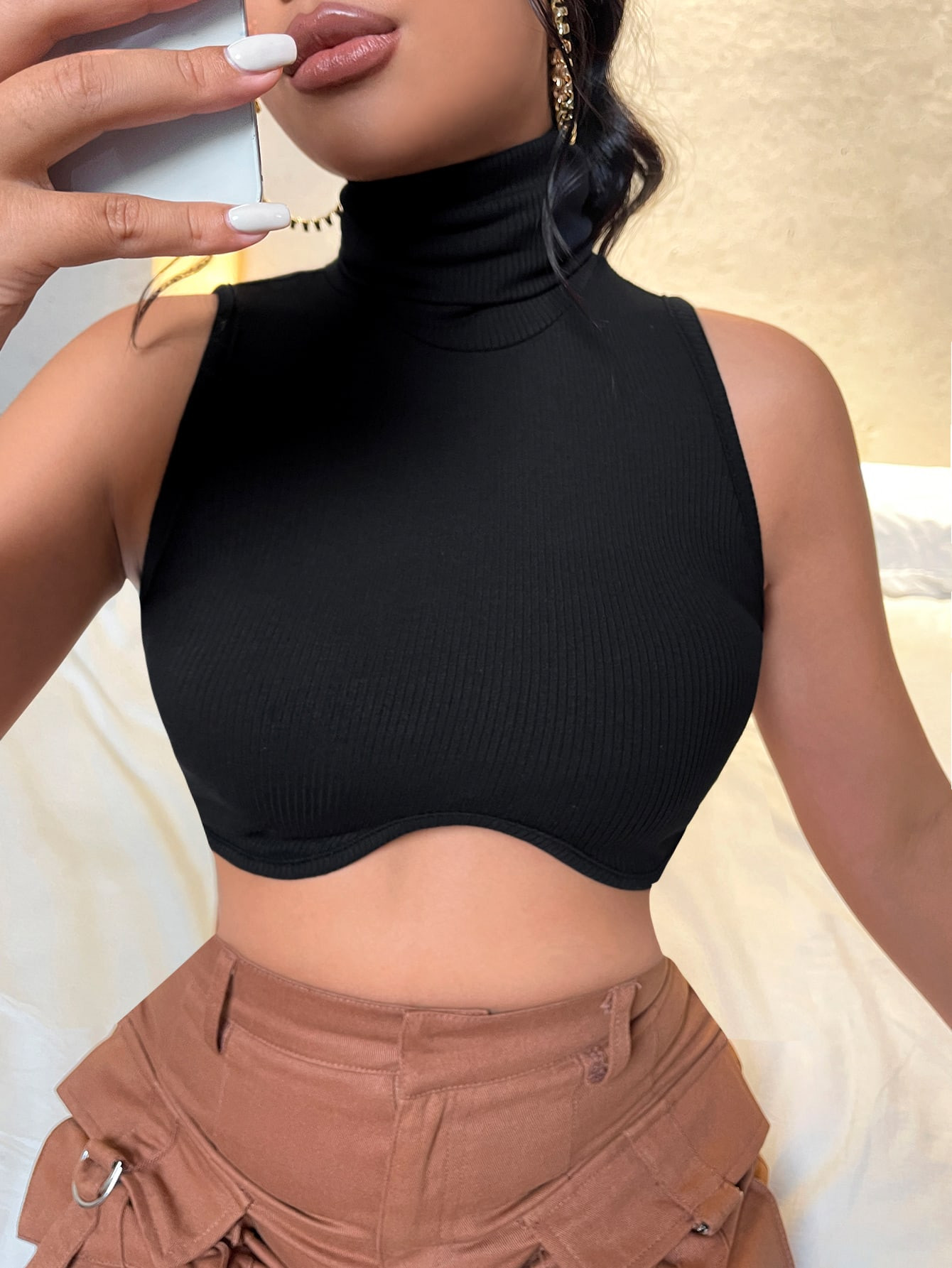 SHEIN Ribbed Knit Solid Turtle Neck Tank Top | SHEIN