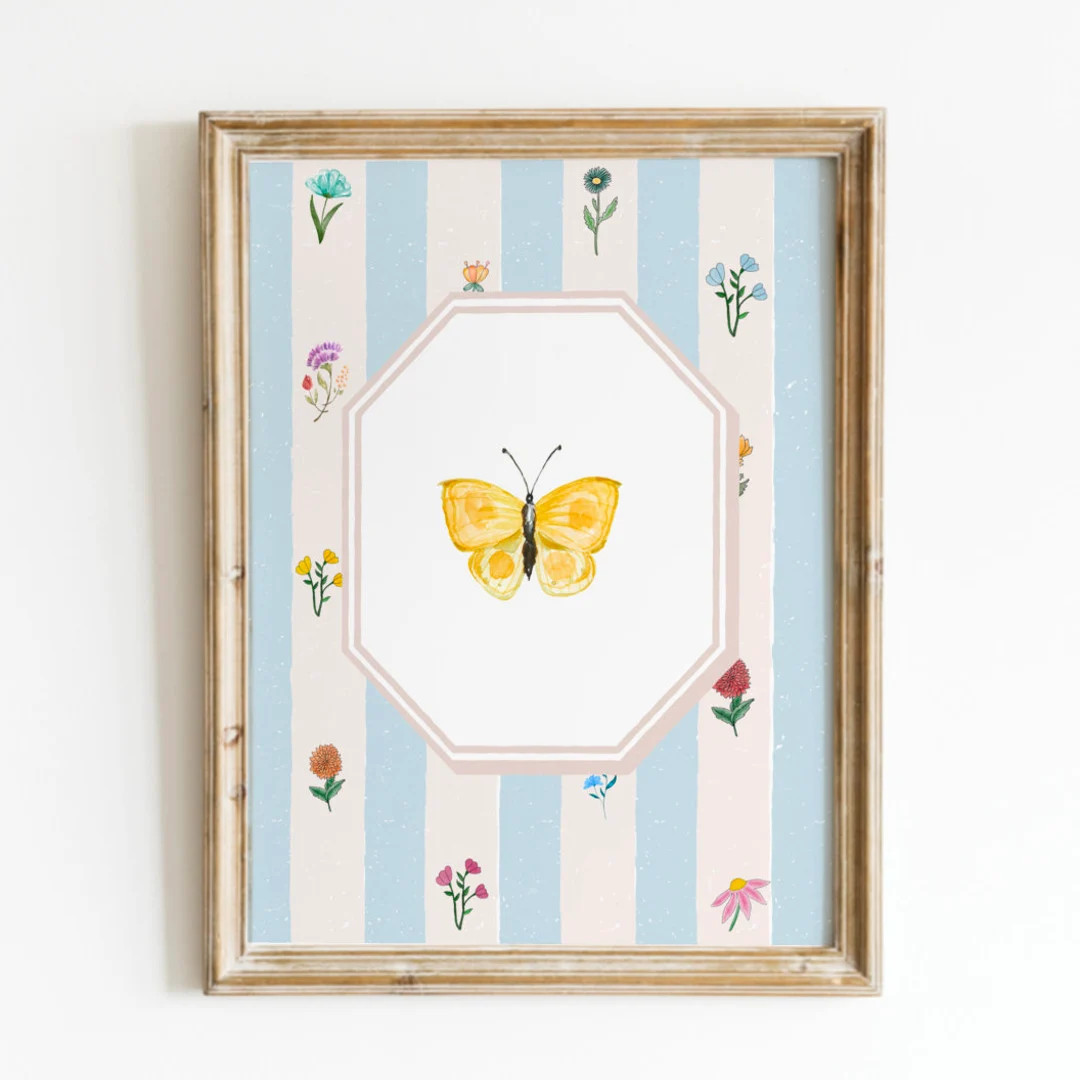 Blue Vintage Floral Wallpaper Butterfly Print, Digital Downloadable Wall Art, Trendy Decor, Vinta... | Etsy (US)