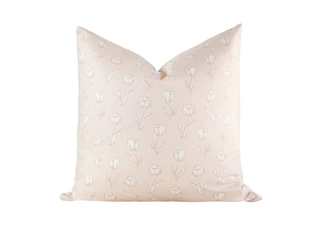 Pink Floral Pillow Cover: Cream Flower Line Drawing, Spring Decor - Etsy | Etsy (US)