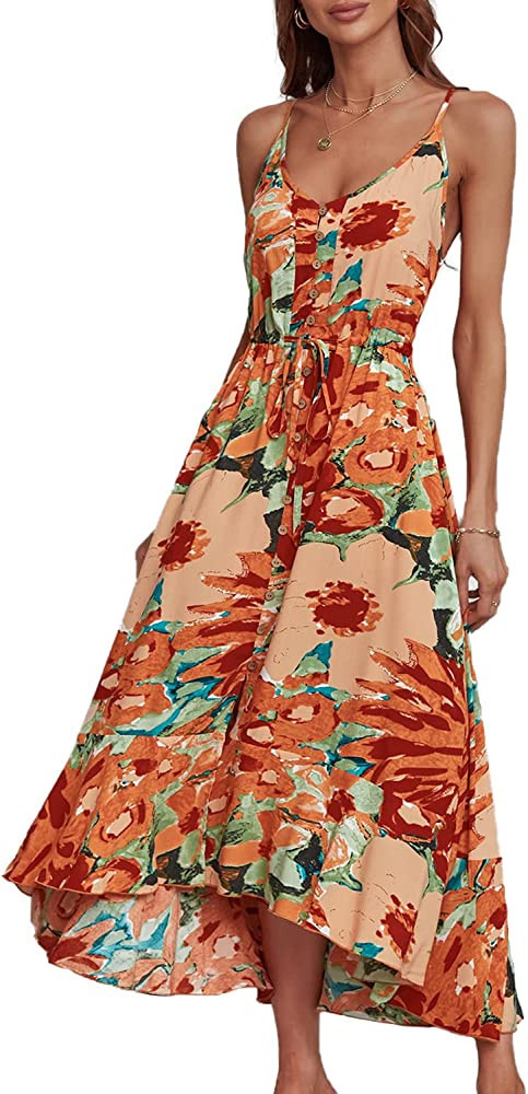 BROVAVE Women's 2023 Summer Casual Boho Sundress Polka Dot Spaghetti Strap V Neck Flowy Midi Dres... | Amazon (US)