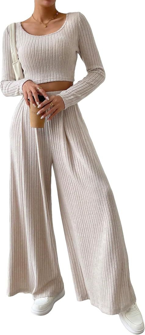 GORGLITTER Women's 2 Piece Ribbed Knitted Outfit Long Sleeve Crop Top and Wide Leg Long Pants Lou... | Amazon (US)