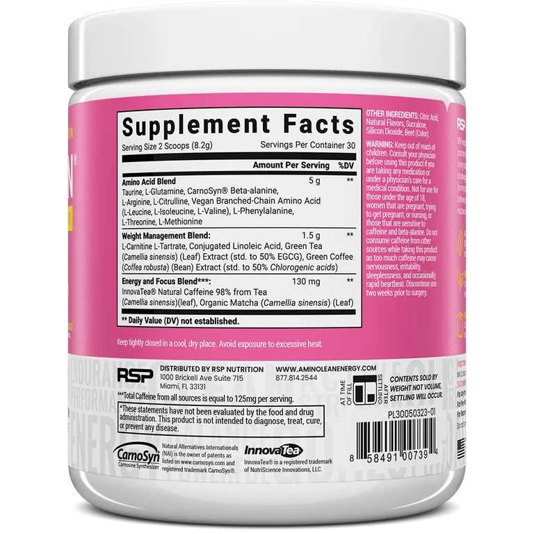 RSP Nutrition AminoLean Pre Workout Powder with BCAAs, Amino Energy for Lean Muscle, Pink Lemonad... | Walmart (US)