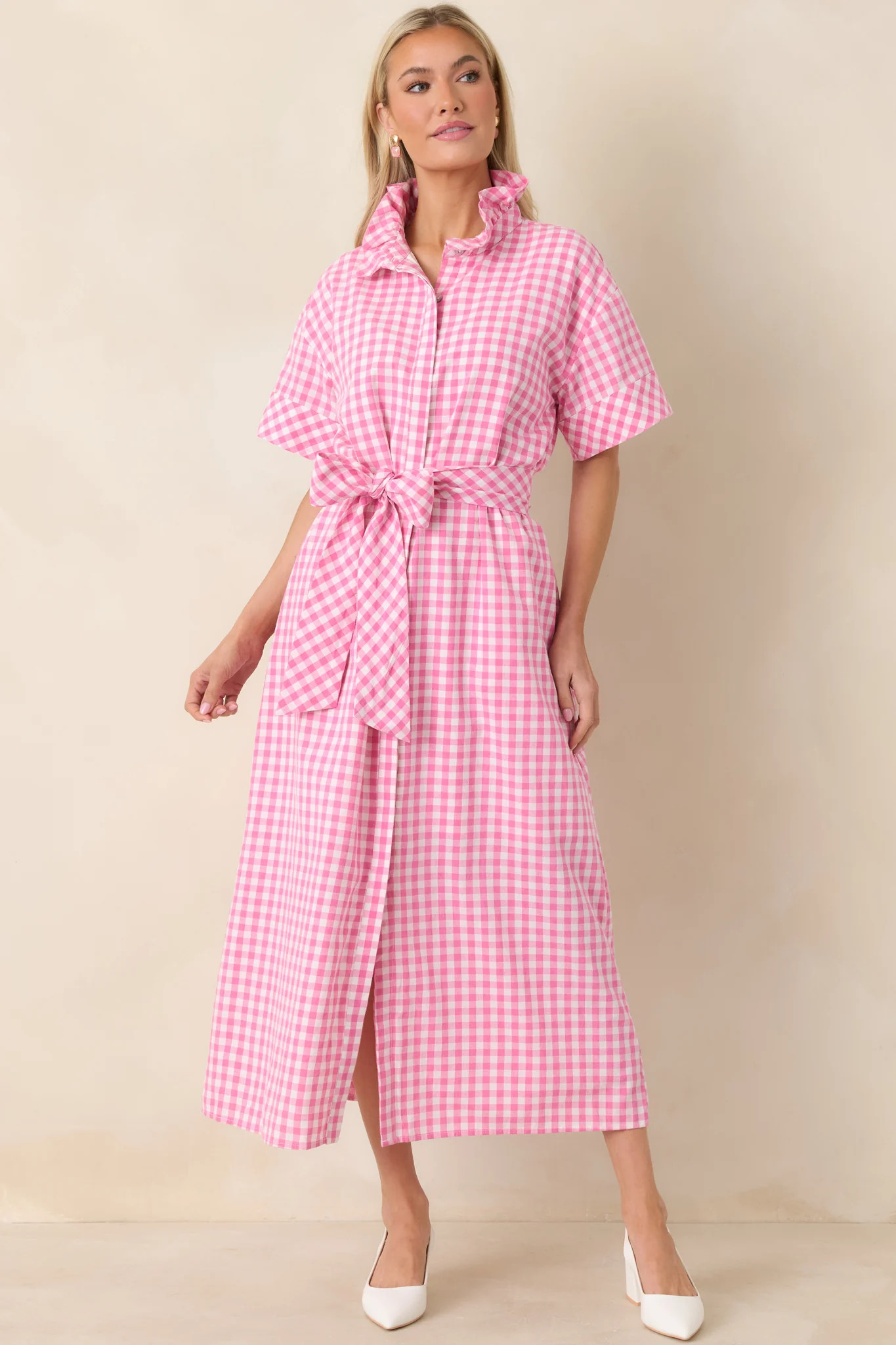 Check Me Out Pink Gingham Ruffle Collar Belted Maxi Dress | Red Dress