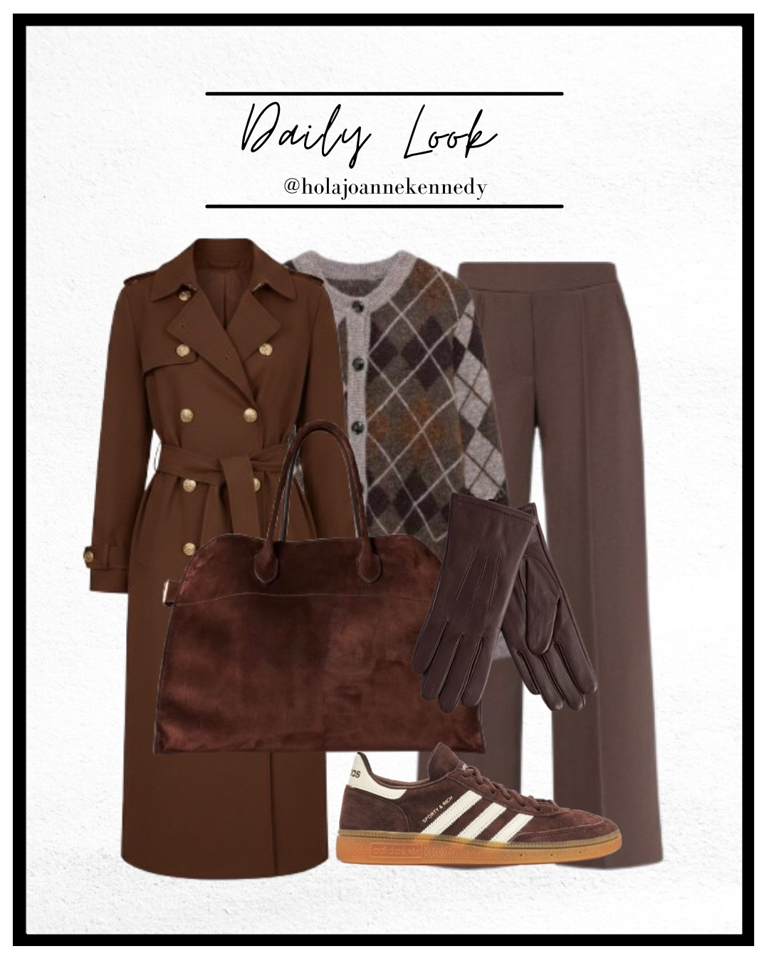 grandad chic outfit, brown argyle cardigan, argyle knit cardigan, brown tailored joggers, tailored jogger outfit, brown tailored coat, chocolate brown outfit, brown suede trainers, adidas spezial suede, The Row Margaux suede bag, quiet luxury outfit, modern classic style, cosy tailored look, capsule wardrobe neutrals, autumn winter outfit, elevated casual style 

#LTKstyletip #LTKuk #LTKwinter