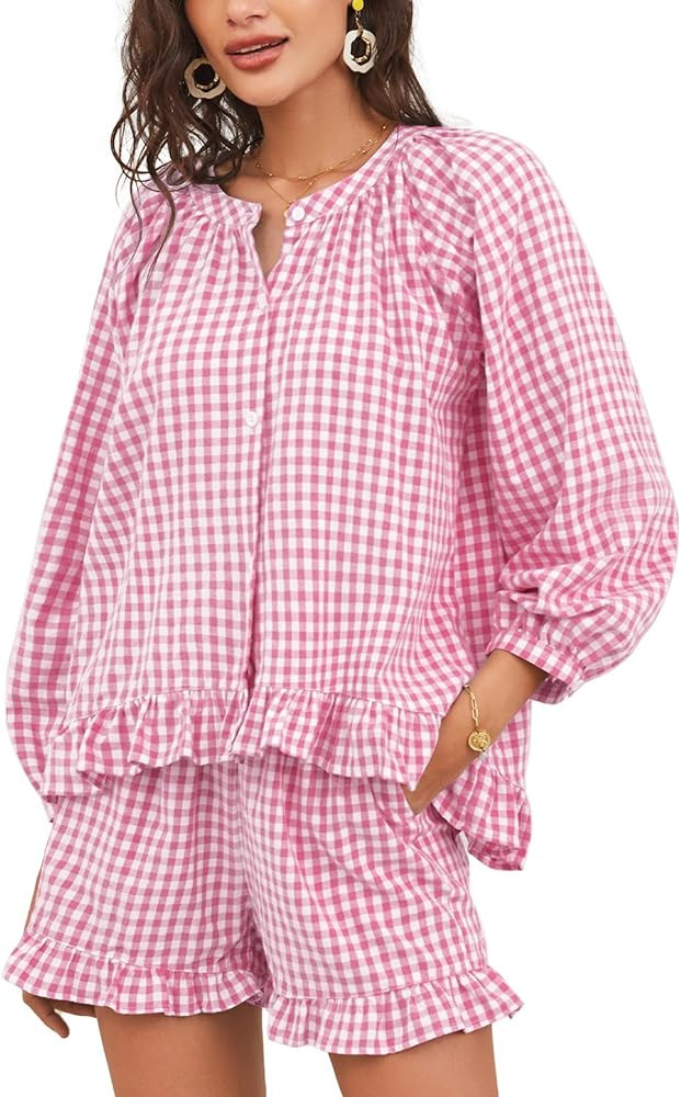 Flygo Women Gingham 2 Piece Pajama Sets Y2K Plaid Ruffle Short Sets Raglan Sleeve Shirt Lounge Sh... | Amazon (US)