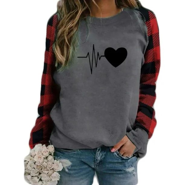 Cathery Valentines Pullover Sweatshirts for Womens Long Sleeve Plaid Sweater | Walmart (US)