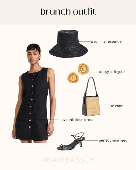 Chic and sophisticated brunch outfit summer outfit linen mini dress straw hat gold earrings straw bag strappy heels #brunch #summer #workwear #classic #parisian 

#LTKworkwear #LTKstyletip #LTKSeasonal