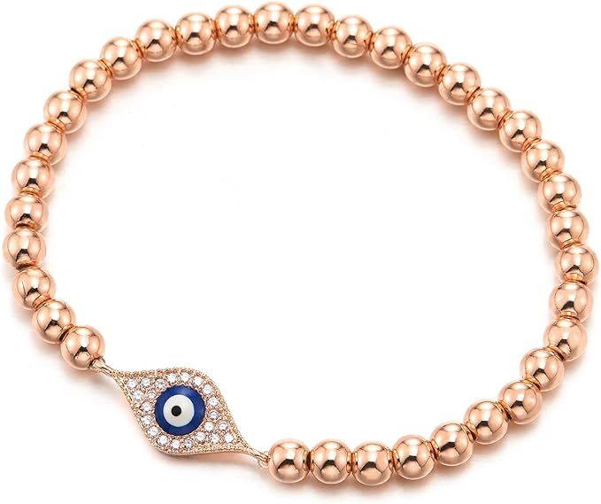 COOLSTEELANDBEYOND Beads Bracelet for Women Men with Cubic Zirconia Protection Evil Eye | Amazon (US)