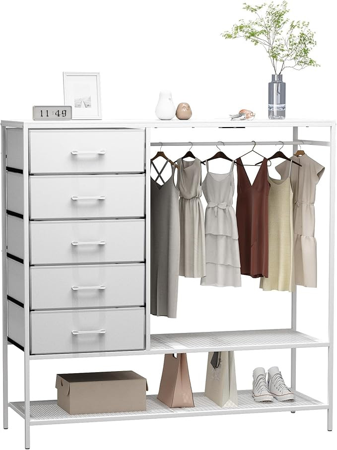Dresser with Hanging Rack, White Dresser for Bedroom, Chests of Drawers for Closet, 5 Fabric Draw... | Amazon (US)